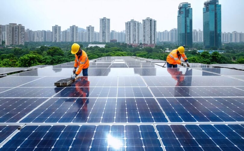 Vibrant urban scene in an emerging market with a large solar installation and local workers maintaining the panels. Buildings and community spaces illustrate the integration of solar power into modern city life.