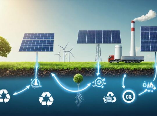 Conceptual illustration showcasing the lifecycle of solar energy, depicting the stages of manufacturing, transportation, installation, and recycling of photovoltaic solar panels, with carbon footprint representations at each phase.