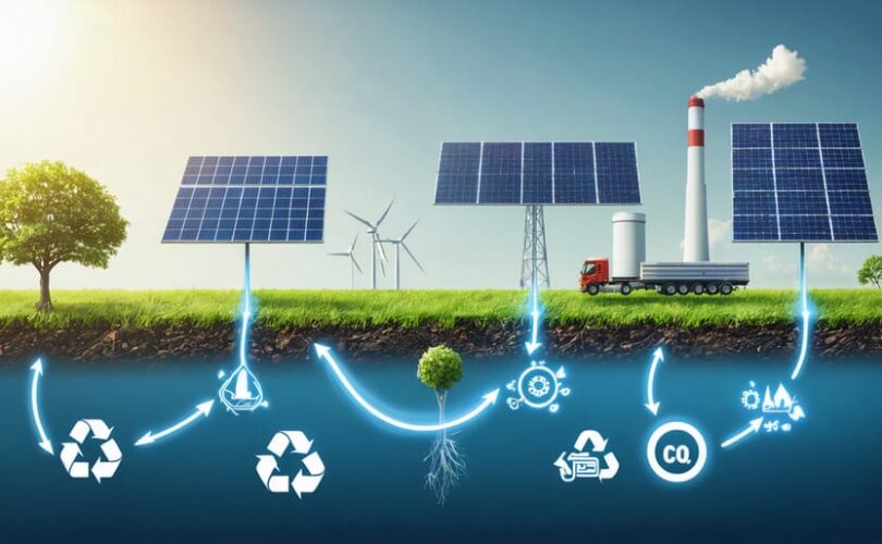 Conceptual illustration showcasing the lifecycle of solar energy, depicting the stages of manufacturing, transportation, installation, and recycling of photovoltaic solar panels, with carbon footprint representations at each phase.