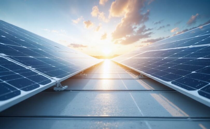 A creative illustration showing solar panels and lithium-ion batteries connected in a seamless energy storage system. The image depicts a smooth energy transition from sunlight to stored power with a backdrop showing day-to-night progression.