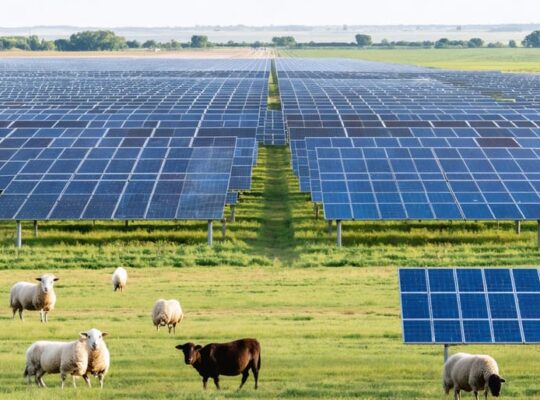 A large solar farm integrated with surrounding ecosystems, featuring solar panels, grazing sheep, and water-efficient technologies, symbolizing the balance between renewable energy production and environmental conservation.
