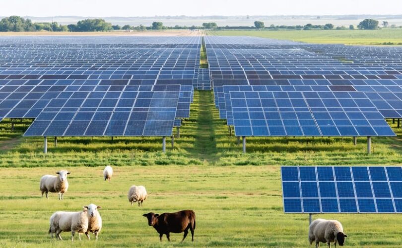 A large solar farm integrated with surrounding ecosystems, featuring solar panels, grazing sheep, and water-efficient technologies, symbolizing the balance between renewable energy production and environmental conservation.
