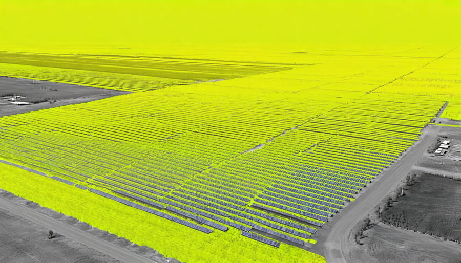 Infrared thermal map displaying temperature differences between a solar farm and surrounding area