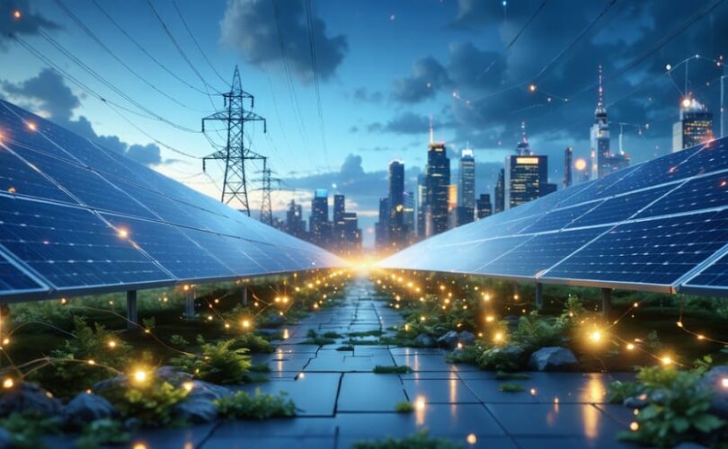 Conceptual illustration showcasing the integration of solar panels with the U.S. power grid, featuring interconnected systems and smart grid technologies set against a modern cityscape.