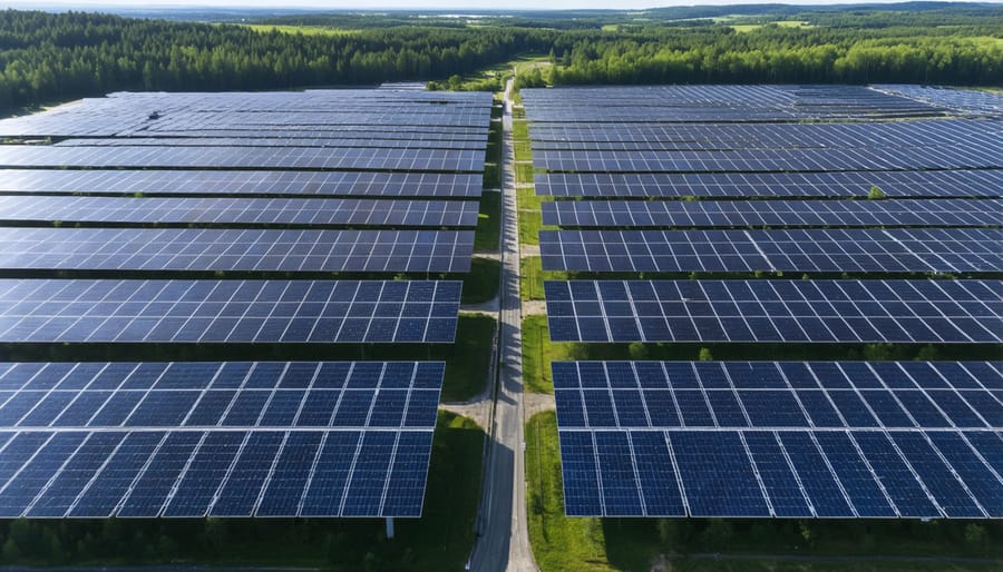 Aerial photograph showing a solar farm creating a clear divide through natural wildlife habitat