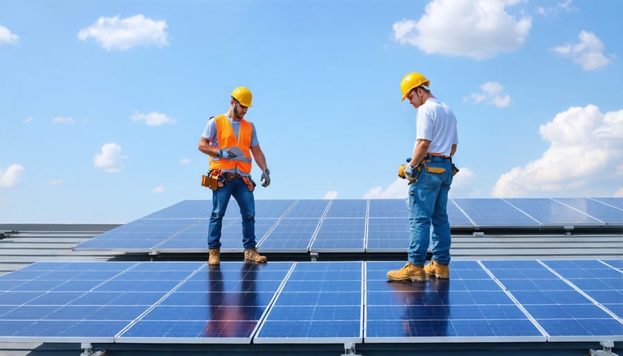 Team of solar technicians installing panels on large commercial building