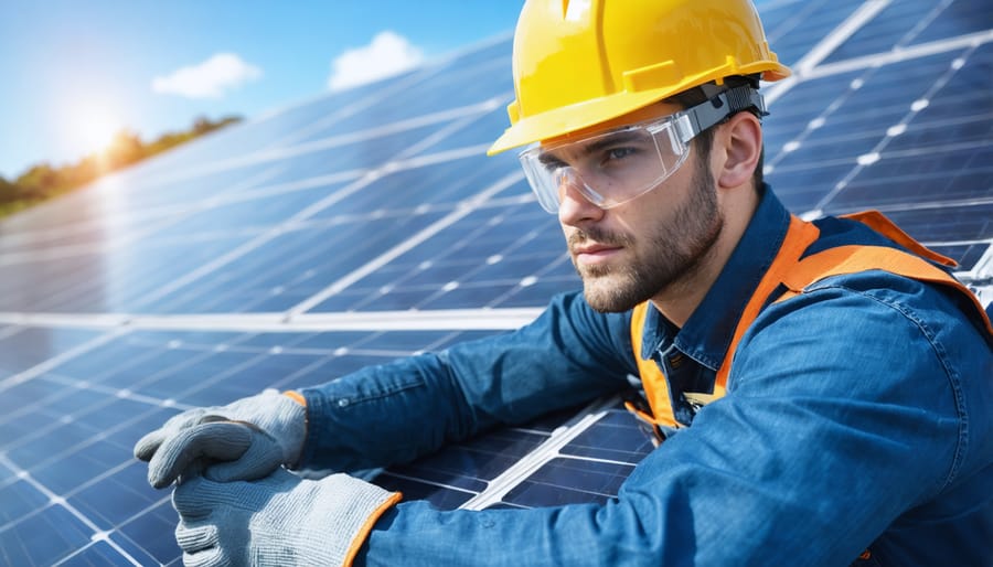 Professional solar installer demonstrating proper personal protective equipment for rooftop installation