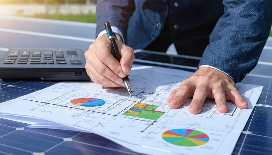 Solar PV system integrator analyzing system designs on tablet while standing near solar panels