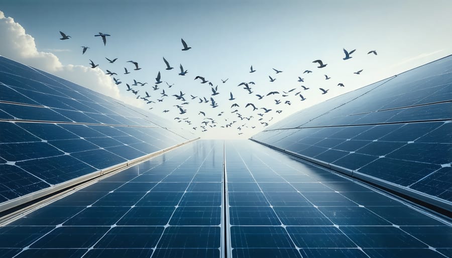 Comparison showing how birds mistake solar panels for water bodies, demonstrating the lake effect