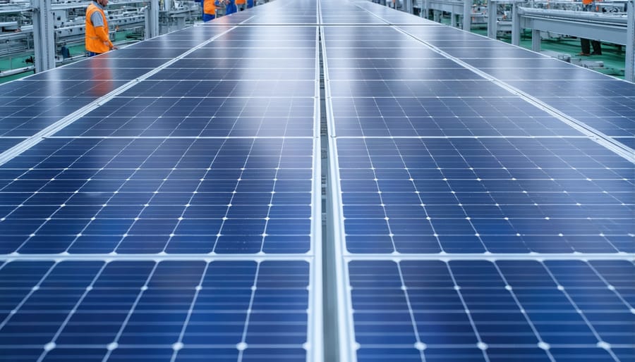 Interior view of a solar panel production facility with assembly lines and quality control stations
