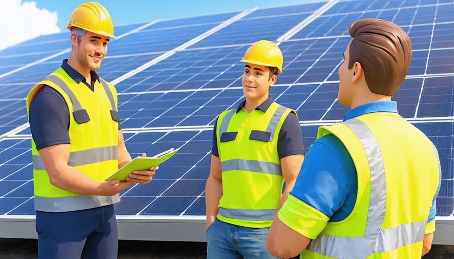 Senior solar expert teaching young apprentice how to configure solar inverter systems