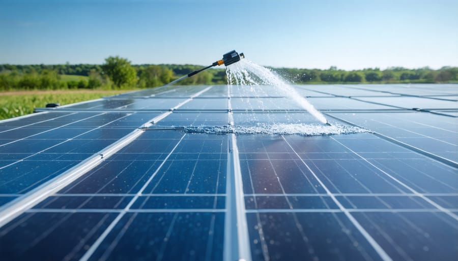 Workers cleaning solar panels with water spraying equipment at a utility-scale solar installation