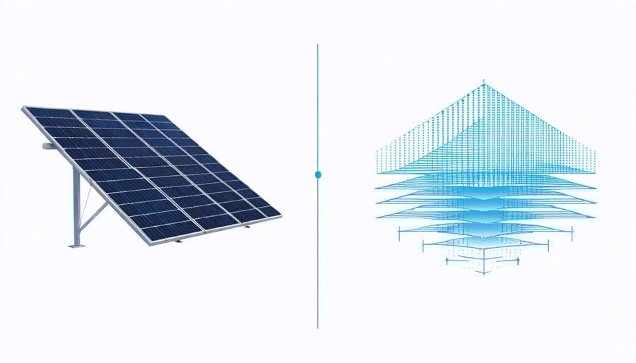 Side-by-side comparison of conventional and 3D-printed solar panel internal structures