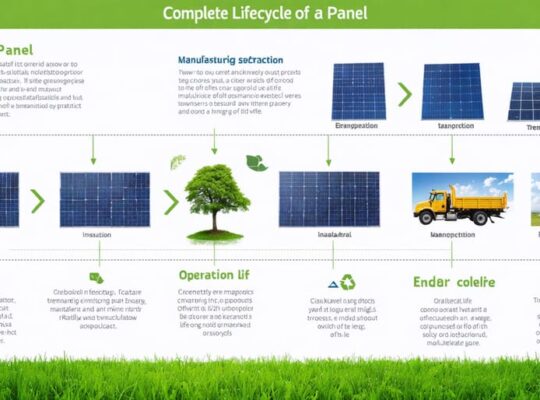 Infographic depicting the lifecycle of a solar panel, illustrating stages from raw material extraction to recycling and highlighting emissions impact and sustainability efforts.