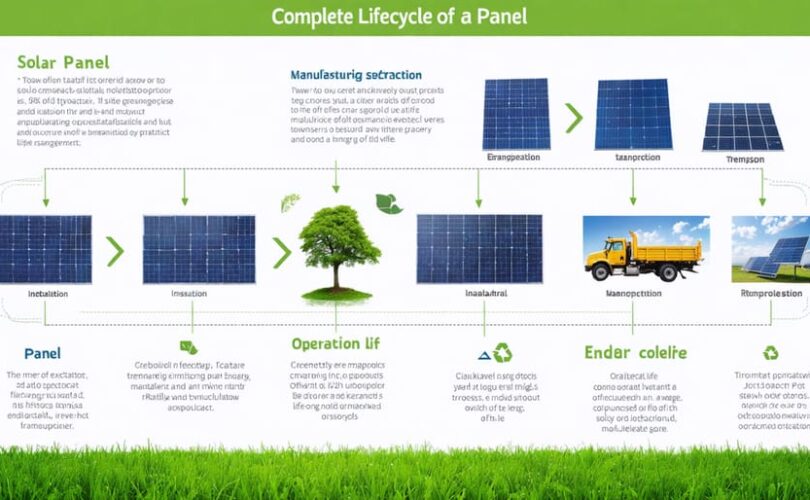 Infographic depicting the lifecycle of a solar panel, illustrating stages from raw material extraction to recycling and highlighting emissions impact and sustainability efforts.