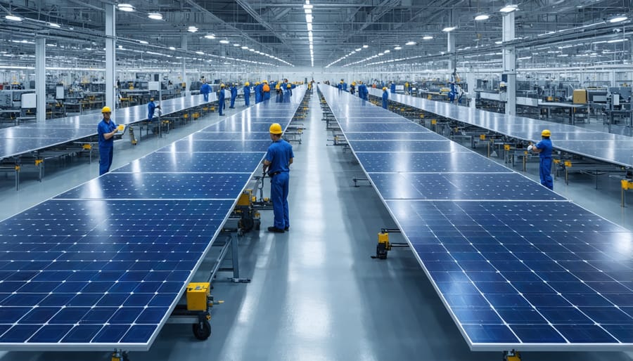 Industrial facility producing solar panels with automated assembly lines and quality control stations