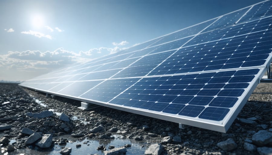 Workers dismantling end-of-life solar panels for recycling with separated materials visible