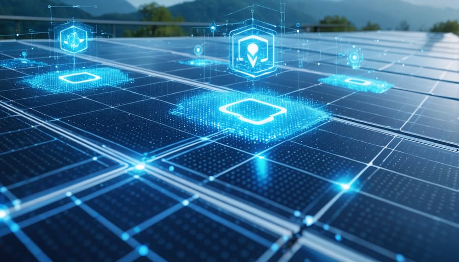 Solar panel array with highlighted sensor points and wireless data transmission indicators