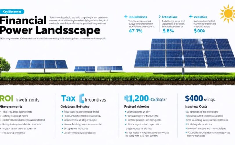 Infographic illustrating the financial benefits and components of solar power investments, including ROI timelines, tax incentives, and projected savings.