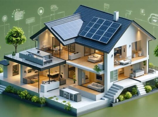 A conceptual isometric illustration of a solar-powered smart home, showcasing solar panels and interconnected smart devices representing advanced energy management.