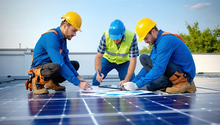 Team of solar installers examining blueprints on a tablet while installing solar panels