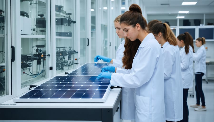 Students practicing solar installation techniques in controlled laboratory environment