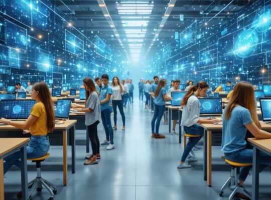 Students and industry professionals collaboratively working on solar panels and digital learning platforms in an innovative classroom setting, representing the development of tomorrow’s solar workforce.