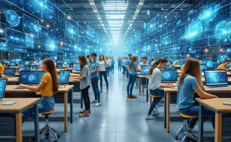 Students and industry professionals collaboratively working on solar panels and digital learning platforms in an innovative classroom setting, representing the development of tomorrow’s solar workforce.