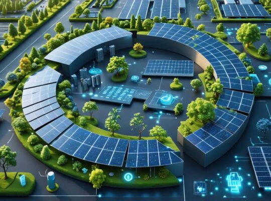 A conceptual illustration of circular solar panel manufacturing, featuring a loop of solar panels with robotic arms and solar energy symbols, set against a high-tech facility background.