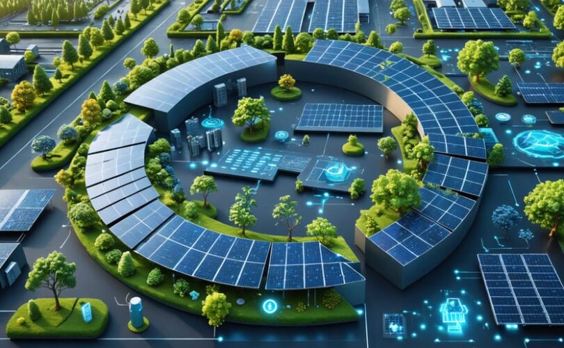 A conceptual illustration of circular solar panel manufacturing, featuring a loop of solar panels with robotic arms and solar energy symbols, set against a high-tech facility background.