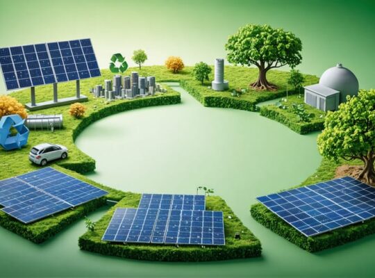Conceptual image depicting the circular economy in U.S. solar manufacturing, showcasing the lifecycle from production to recycling, symbolizing sustainability and innovation in the industry.