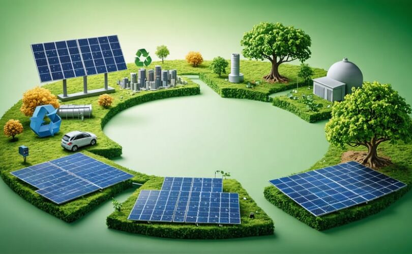 Conceptual image depicting the circular economy in U.S. solar manufacturing, showcasing the lifecycle from production to recycling, symbolizing sustainability and innovation in the industry.