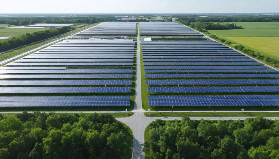 Modern solar panel manufacturing plant with production lines visible through glass roof