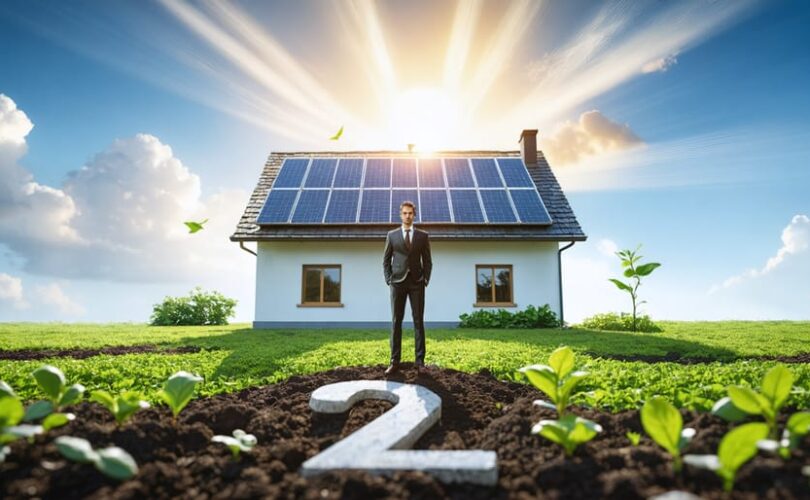 Homeowner standing proudly in front of a solar-equipped home, symbolizing the benefits of zero-interest solar loans for financial savings and sustainable energy adoption.