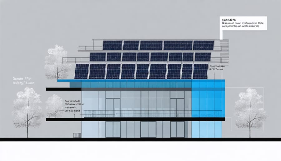 Cross-sectional diagram of BIPV panel components including photovoltaic cells, wiring, and mounting system