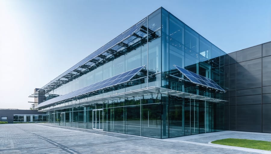 Contemporary commercial building with solar panels integrated into its glass exterior walls
