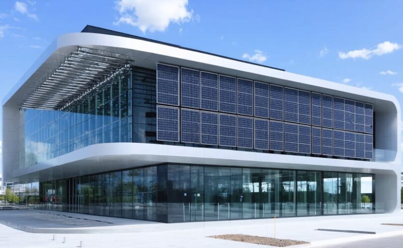A contemporary building showcasing building-integrated photovoltaic panels integrated into its structure. The facade features sleek solar panels and glass elements, exemplifying the fusion of innovative solar technology and modern architecture.