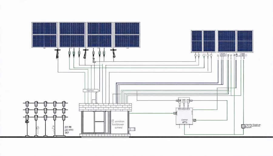 Detailed schematic illustration of building integrated solar system components and grid connectivity