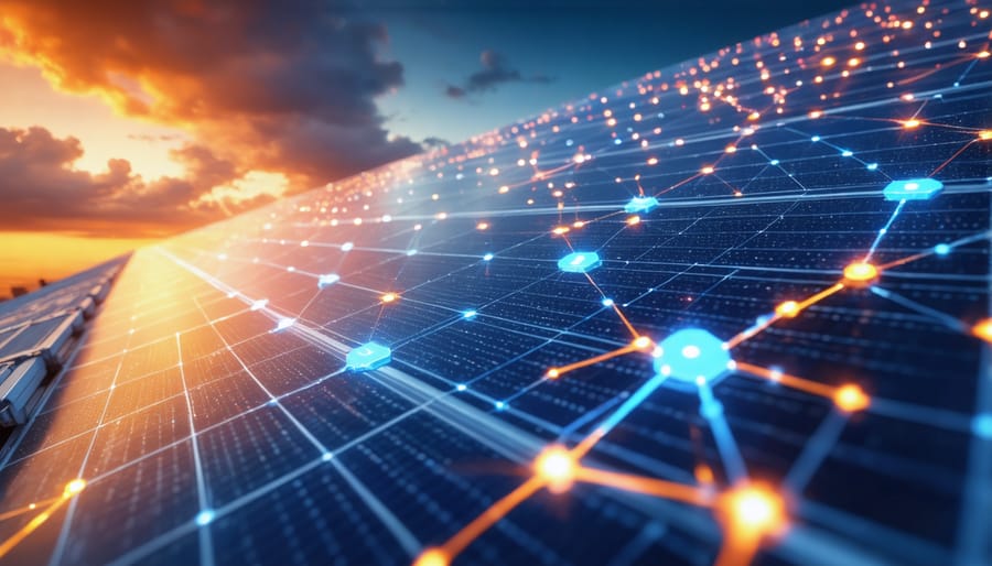 Illustration showing blockchain technology integration with solar energy financing
