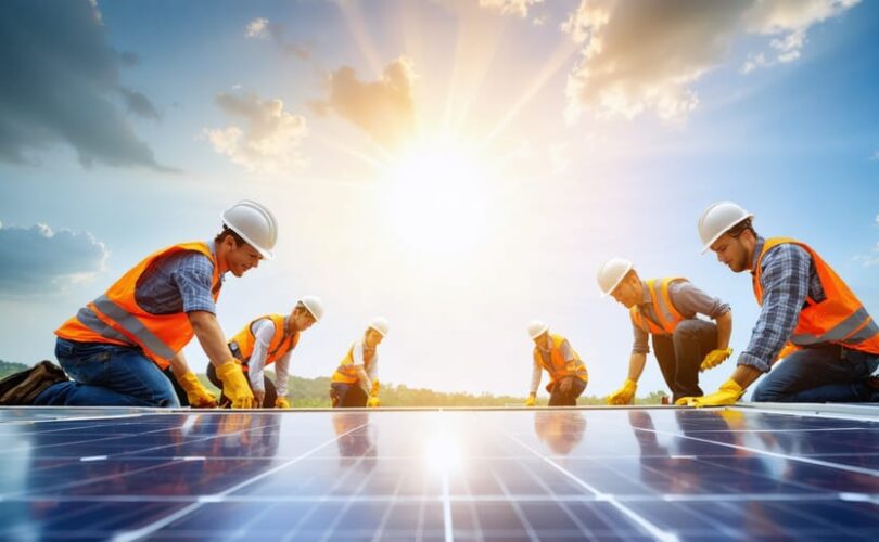 Diverse group of trainees and experts collaborating on solar panel installation, symbolizing comprehensive workforce training in renewable energy with a prominent sun in the background representing growth and innovation.