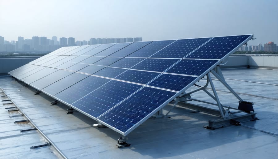 Aerial view of commercial solar panel array installation showing scale of solar infrastructure
