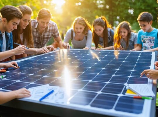 Diverse group engaging in collaborative learning around solar panel with instructor, symbolizing community-driven solar education.