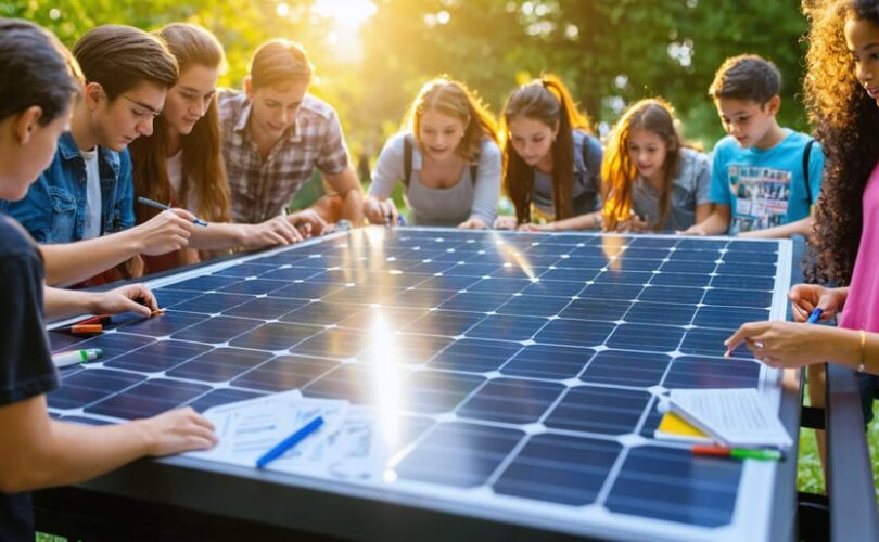 Diverse group engaging in collaborative learning around solar panel with instructor, symbolizing community-driven solar education.