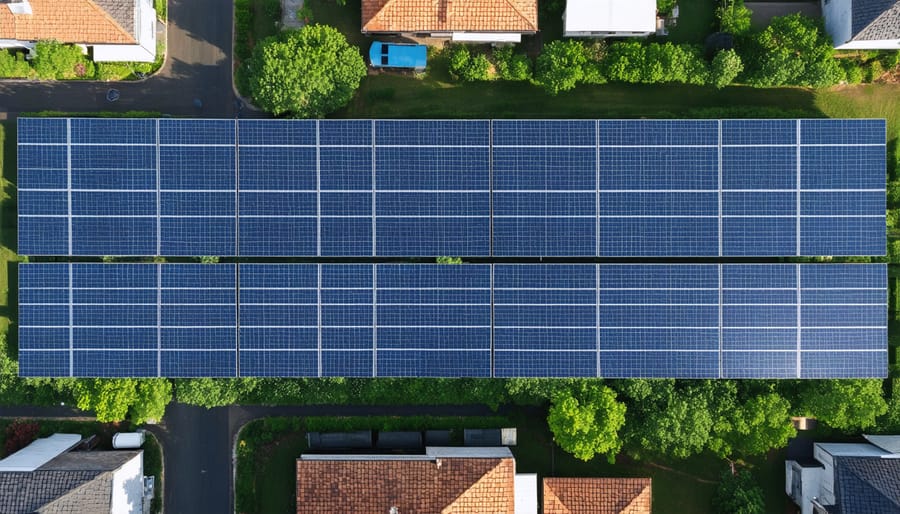 Large solar panel array surrounded by suburban homes showing community solar project integration