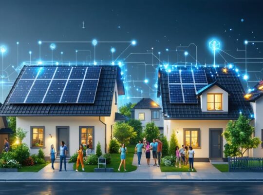 Conceptual illustration of a community interconnected with solar panels and glowing power lines signifying shared energy flow, representing the collaborative benefits of solar power sharing.