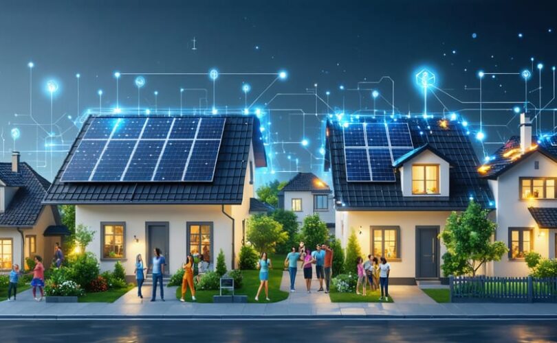 Conceptual illustration of a community interconnected with solar panels and glowing power lines signifying shared energy flow, representing the collaborative benefits of solar power sharing.