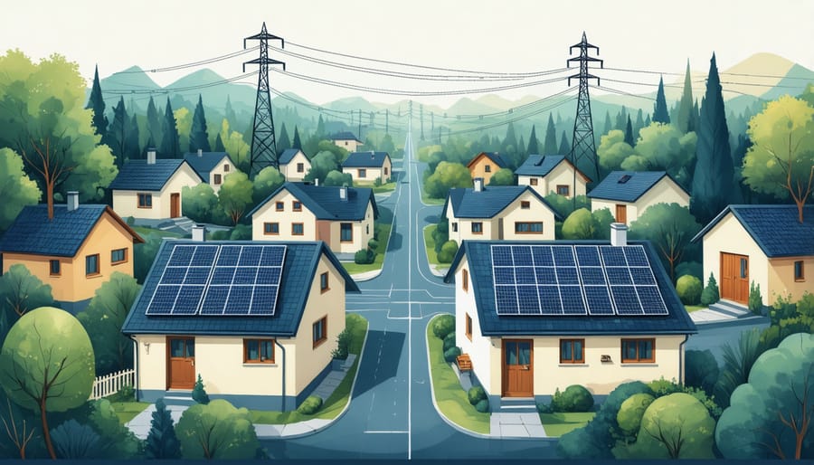 Network of homes with solar panels sharing energy through a community grid system