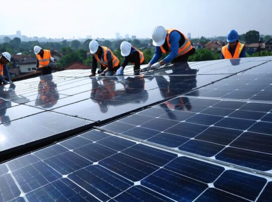 Community members collaborating on solar panel installations with a townscape in the background transitioning from traditional energy sources to solar energy, representing the impact of government solar incentives.