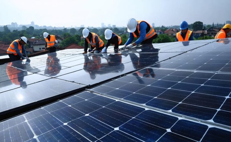 Community members collaborating on solar panel installations with a townscape in the background transitioning from traditional energy sources to solar energy, representing the impact of government solar incentives.