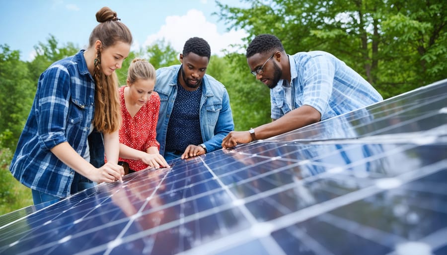 Community solar workshop participants learning about solar panel installation
